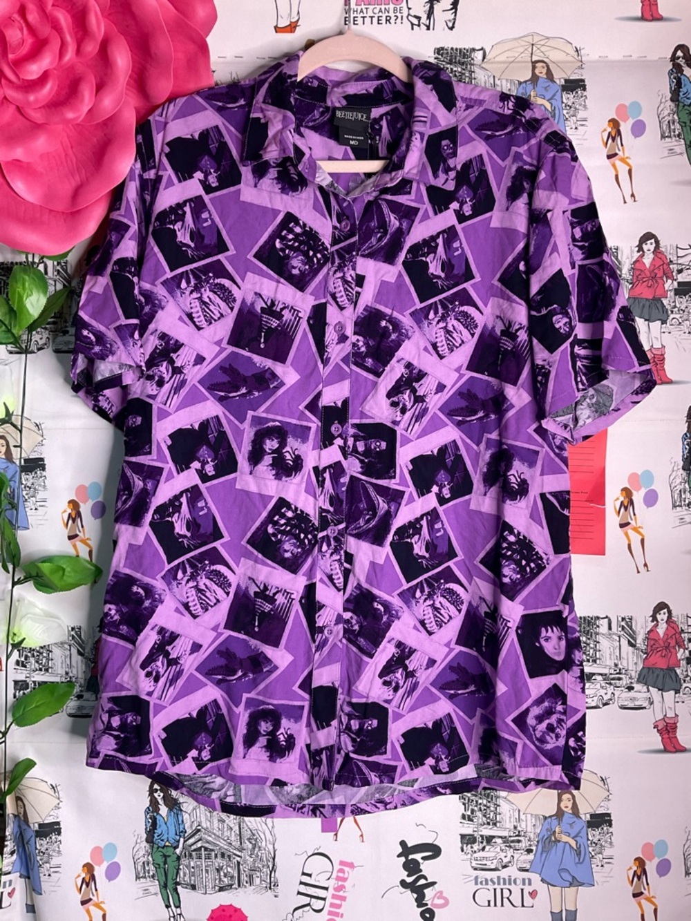 Disney Purple Photo Collage Short Sleeve Button-Up Blouse